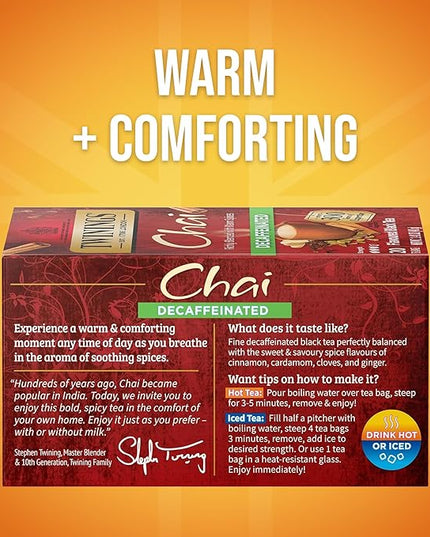Twinings Decaffeinated Chai Individually Wrapped Bags, 20 Count (Pack of 1), Sweet, Savoury Spices, Enjoy Hot or Iced, 20 Teabags