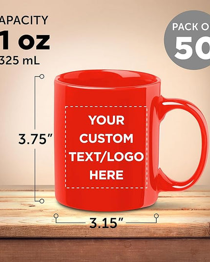 Custom Ceramic Coffee Mugs 11 oz. Set of 50, Personalized Bulk Pack - Coffee cup set, Iced coffee cup, Gaming mug - Red