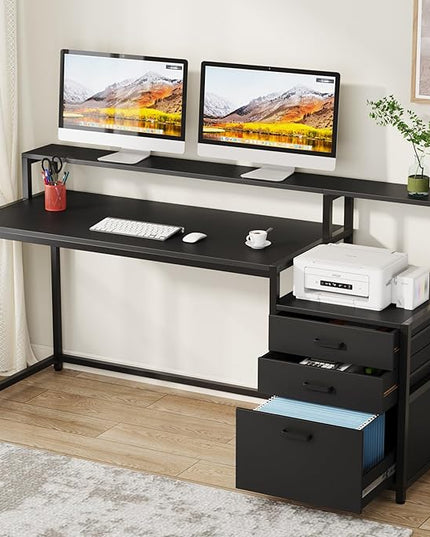 Tribesigns 63 Inch Computer Desk with File Drawer Cabinet, Ergonomic Office Desk with Monitor Stand, Industrial Computer Table with Printer Space, Wood PC Table Workstation Desks for Home Office
