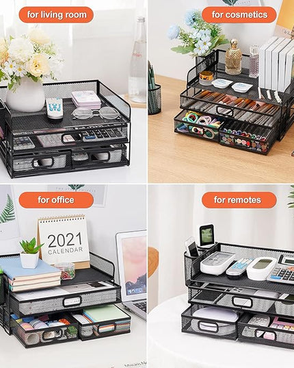 Marbrasse 3 Tier Mesh Desk Organizer with Drawer, Multi-Functional Desk Organizers and Accessories, Paper Letter Organizer with 2 Pen Holder for Home Office Supplies (Black)