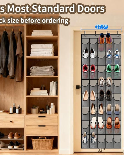 Over the Door Shoe Organizer with 40 Large Pockets, Multi-Purpose Storage for Shoe and Accessories, Durable Fabric with Adjustable Hooks for Home Closet Bedroom Entryway-Grey