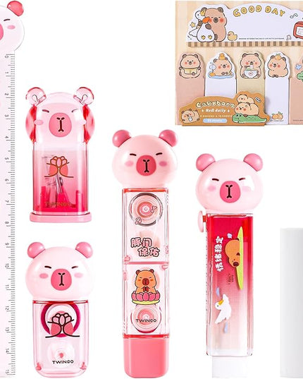 Kogcmeetl 7 Pcs Cute Capybara Stationary Set Kawaii School Supplies Japanese Stationery, Includes Pencil Sharpener, Eraser, Correction Tape, Glue Tape, Sticky Notes, Ruler, for Office School Supplies