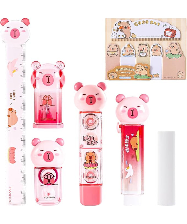 Kogcmeetl 7 Pcs Cute Capybara Stationary Set Kawaii School Supplies Japanese Stationery, Includes Pencil Sharpener, Eraser, Correction Tape, Glue Tape, Sticky Notes, Ruler, for Office School Supplies