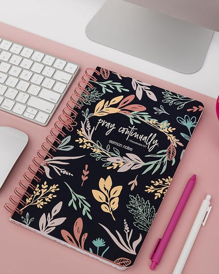 Steel Mill & Co Cute Floral Spiral Notebook Journal for Notes, 10.5" x 7.5" Sermon Notes and Church Notes Journal for Women with Durable Hardcover and 60 Lined Pages with Prompts, Navy Floral