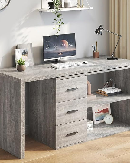 HSH 360° Rotating L Shaped Computer Desk with 3 Drawers and 2 Shelves, Home Office Swivel Desk for Work Writing Study Gaming, Reversible Wood Corner Desk with Storage Cabinet, Light Grey Oak, 55 Inch