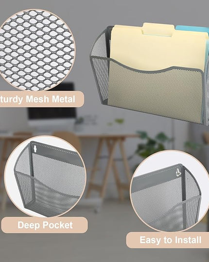 EASEPRES 3 Single Pocket Mesh Hanging File Organizer, Vertical Wall Mounted Magazine File Holder, Mount Basket Mail Paper Document Folder Organizing for Office, Home and School, Gray