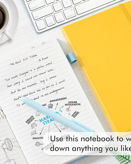 feela Hardcover Notebook For Work, Classic Ruled Lined Journal Set School Business Supplies, with 3 Black Pens, 120 GSM, 5.1”x8.3”, 3 Pack, A5, Solid Colors, Gray, Yellow, Light Blue