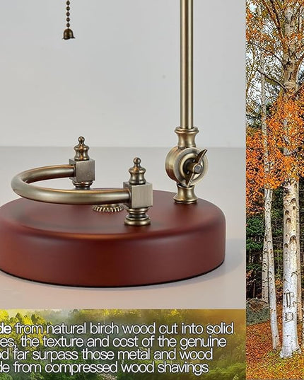 Bankers Lamp, Traditional Orange Desk Lamp with Solid Birch Wood Base, Orange Glass Antique Library Lamp with Pull Chain Switch, Plug in Vintage Bankers Desk Lamp for Office, Study Room 【E26 Socket】