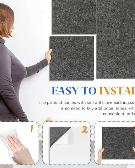 DOLLAR BOSS Felt Cork Board Tiles, 4 Packs 12" x 12" 1/2" Thick Cork Bulletin Board Self Adhesive Acoustic Panels Soundproof Corkboards for Walls with 40 Pushpins for Home Office Kitchen School, Grey