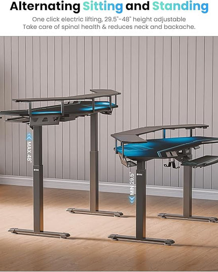 EUREKA ERGONOMIC Gaming Desk, Standing Desk w Keyboard Tray, 72" Wing Shaped Music Studio Table with LED Shelves, Gaming Recording Live Stream, Slot Design