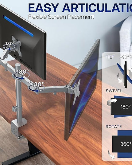 VIVO Dual Monitor Desk Mount, Heavy Duty Fully Adjustable Steel Stand, Holds 2 Computer Screens up to 30 inches and Max 22lbs Each, Gray Color, STAND-V002-GY