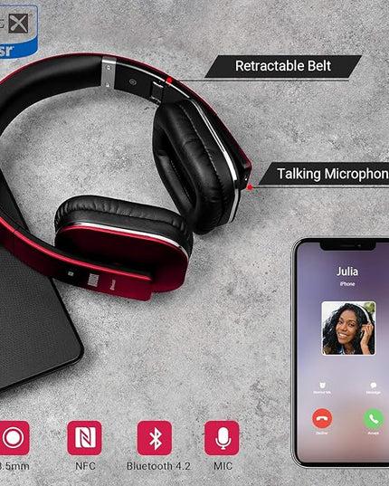August EP650 Bluetooth Wireless Over-Ear Headphones with aptX Low Latency, NFC, Multipoint Pairing, Wired Option, Built-in Microphone - Red