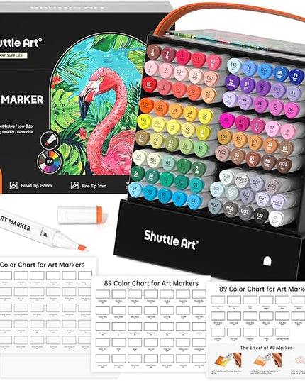 Shuttle Art 89 Colors Alcohol Markers, 88 Colors Dual Tip Art Marker Set Plus 1 Colorless Blender with Marker Case Perfect for Illustration Students Adult Coloring Sketching