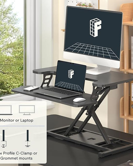 FLEXISPOT Standing Desk Converter 28" Wide Height Adjustable Sit Stand Riser, Small Size Desktop Workstation with Keyboard Tray for Home and Office, Black