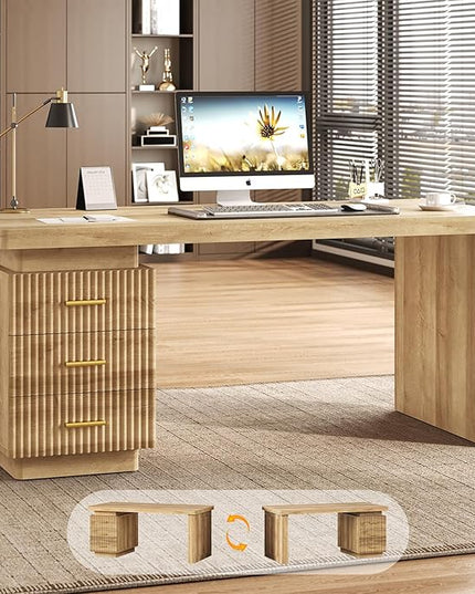 TVU Executive Desk with Drawers, Wooden Computer Desk with 3 Spacious Drawers，55 Inch Modern Office Desk Suitable for Study Room, Living Room, Bedroom, Office, Natural Wood Color