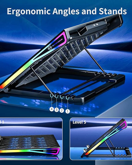 AICHESON Gaming Laptop Cooling Pad with 15 Cooler Fans, RGB Ultimate Computer Stand Base with Silent Fans for 15-18 Inch Laptops, Blue LED Lights