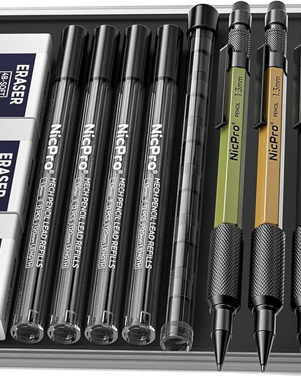 Nicpro 3 PCS 1.3 mm Mechanical Pencil Set 3 Colors with 48 Lead Refill, 3 Eraser - Weatherproof Metal MP2000 Heavy Duty Carpenter Pencil for Outdoor Marking Drafting Drawing Woodworking