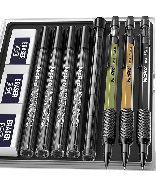 Nicpro 3 PCS 1.3 mm Mechanical Pencil Set 3 Colors with 48 Lead Refill, 3 Eraser - Weatherproof Metal MP2000 Heavy Duty Carpenter Pencil for Outdoor Marking Drafting Drawing Woodworking