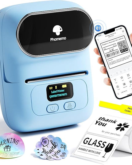 Phomemo Barcode Label Printer - M110 Label Maker Portable Bluetooth Label Maker Machine for Small Business, Barcode, Address, Logo, Clothing, Jerwery, Thermal Printer Compatible with Phones & PC, Blue