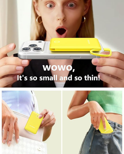 miisso 10000mAh Mini Portable Charger with Built in Cable, Pocket Size Power Bank Travel External Battery Pack for Phone, 3 Output USB Type C Cord Clutch Compatible with iPhone, Samsung, Yellow