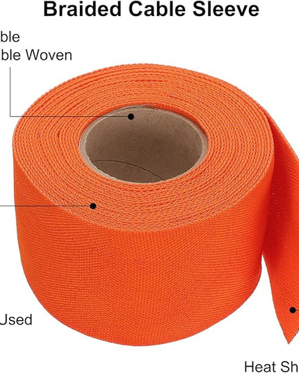 MECCANIXITY Braided Cable Sleeves Heat Shrinkable Fabric Sleeving, 2" 26ft Orange 2:1 Ratio Heat Shrinkable Cord Protector for Harness Cable, Network Cable Protection, Cable Management