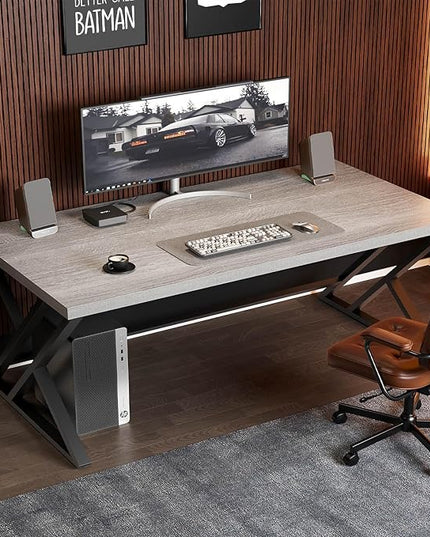 LVB Large Home Office Desk, Long Industrial Computer Desk, Metal Wood Writing Study Computer Table for Student, Big Modern Executive Simple Gaming Work Desk for Bedroom, Light Grey, 60 Inch