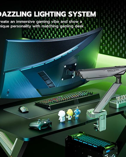 ARES WING RGB Single Monitor Arm Desk Mount for 17-45 inches Flat and Curved Monitors, Holds 35.2 lbs Heavy Duty, Adjustable Ultrawide Monitor Arm with Clamp & Grommet Base, 75/100 VESA Mount, Gray