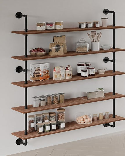 Floating Shelves for Wall Bookshelf Industrial Pipe Shelving Shelves 48 Inch 5 Tier Natural Wood Planks Rustic Wall Shelves Hanging Bookshelves Farmhouse Kitchen Shelving