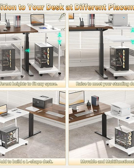 32" Large Computer Tower Stand with Power Strips, 4 Levels Manual Height Adjustable PC Tower Stand for Under Desk, Mobile Rolling CPU Holder Computer Cart with Wheels, Carbon Fiber White