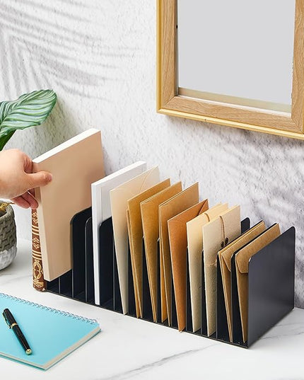 Suzile Metal Desktop File Organizer, 15 Compartments, Vertical File Sorter, Black, 5.79" W x 15.75" L x 5.41" H, Office, Reception Areas, Workspace