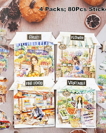 AuriicLeaf Farmers Market PET Stickers, 80PCS Bazaar-Themed Journal Supplies for Scrapbooking, DIY Crafts, and Planner Embellishment