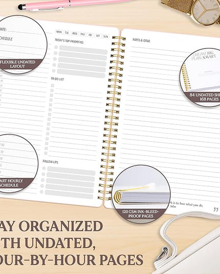 Decorably 168 Pages Daily Planner Undated Notebook with Hourly Schedule - 6.3x9.3in Gold Spring-Bound, with Top Priorities, to-dos, Notes, Ideas & Inspirational Quotes - Home, School, Office