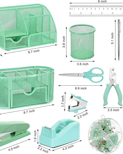 17 in 1 Green Desk Organizers and Accessories Set, 3 Office Desk Supplies Storage Organization, 4 Pens, Stapler, Staples & Remover, Tape & Dispenser, Scissors, Ruler, Clips, Hole Punch, Back to School