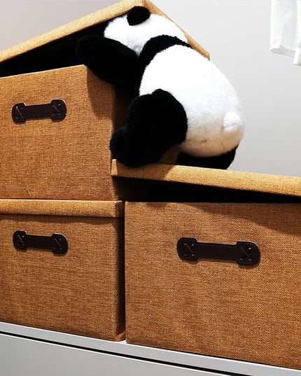 Enzk&Unity Decorative Storage Bins with Lids, Fabric Linen Foldable Storage Box with Handle Home Organizer for Shelf, Closet, Bedroom, Living Room, Office, 3 Packs, Brown