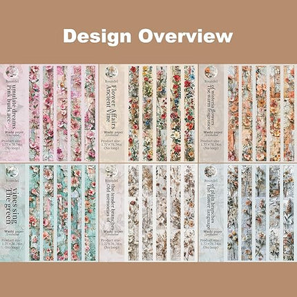AuriicLeaf Vintage Floral Washi Tape Set – 6 Rolls, 2M Non-Repeating Flower Collage Designs, Decorative Craft Tape for Scrapbooking, Journals, Planners with Accessory Clip Included