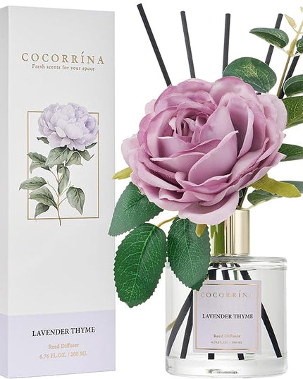 Cocorrína Flower Reed Diffuser - Lavender Thyme 6.7oz Scented Diffuser with Sticks Home Fragrance Essential Oil for Bathroom Shelf Decor (Artificial Flower)