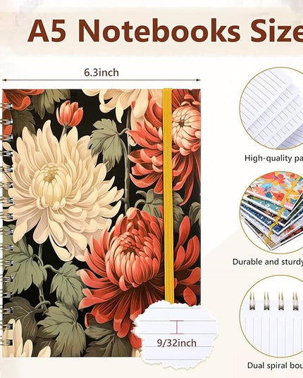6 Pack Spiral Notebook A5 Hardcover Lined Journal for Women with 2 Pockets Cute Vintage Floral Spiral Journal College Ruled Notebooks 160 Pages & 80 Sheets for Work School Office