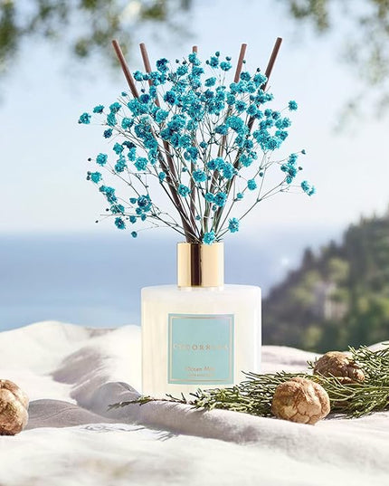 COCORRÍNA Reed Diffuser - Ocean Mist 6.7 Fl.oz Reed Diffuser Set with Sticks & Preserved Baby's Breath, Reed Diffuser for Home Bathroom Shelf Decor