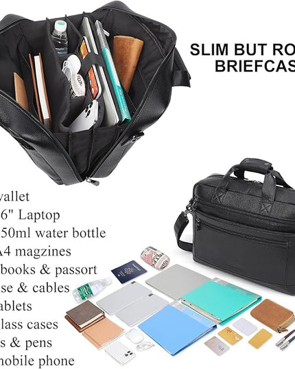 Masa Kawa Men’s Leather Briefcase for 16" Laptop Waterproof Crossbody Shoulder Messenger Bag Computer Attache Case for Business Travel Work, Black