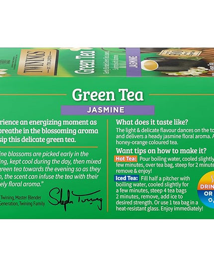 Twinings Green Tea with Jasmine Individually Wrapped Bags, 20 Count (Pack of 1), Fragrant Floral Scent, Caffeinated, Enjoy Hot or Iced, 20 Teabags