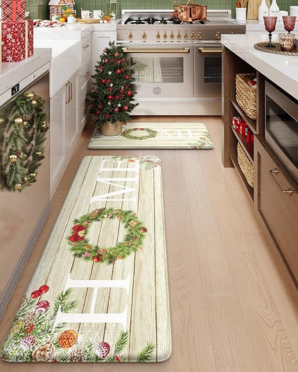 KIMODE Christmas Kitchen Mat 2PCS,Anti Fatigue Farmhouse Kitchen Rugs Non Slip,Waterproof Kitchen Floor Mat,Cushioned Comfort Standing Mat,Christmas Decorations for Home Kitchen