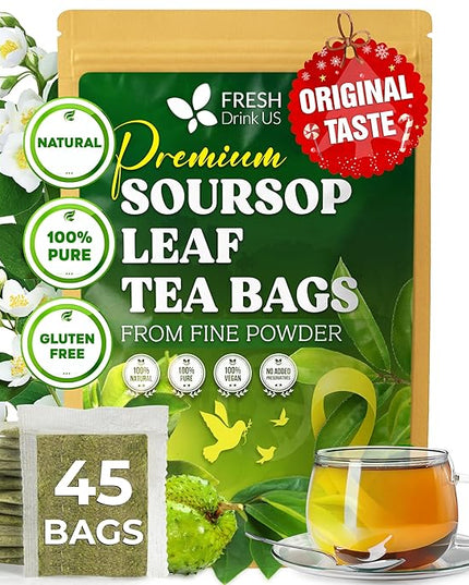 FreshDrinkUS, Premium Soursop Graviola Leaf Tea | 45 Tea Bags form Powder, 100% Natural and Pure, Handmade, Made With Natural Materials-Corn Fiber Tea Bag, Sugar/Caffeine Free, Hoja Guanabana Tea