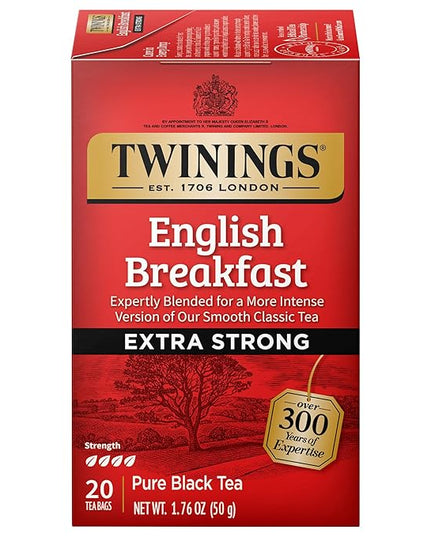 Twinings English Breakfast Extra Strong Black Tea Individually Wrapped Bags, 20 Count (Pack of 1), Robust, Caffeinated, Enjoy Hot or Iced, 20 Teabags