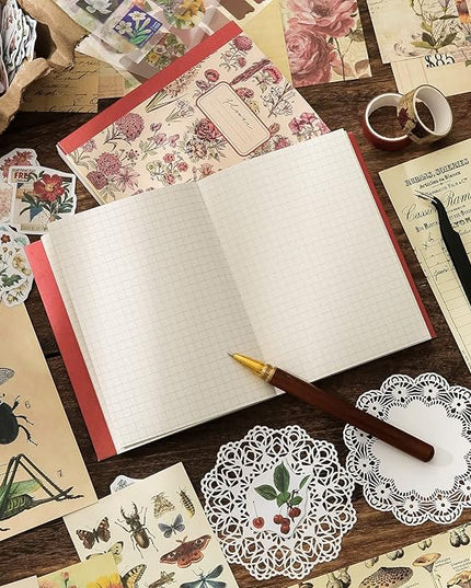 emmoolife Vintage Aesthetic Scrapbooking Supplies Kit, Flowers Botanical Bullet Junk Journal Kit with Journaling Supplies, Tweezers, A6 Grid Notebook,Stationery,Sticker, Birthday Craft Gift for Adult
