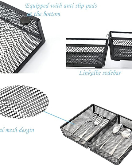 Mesh Tray Kitchen Drawer Utensil Cutlery Tray Office Supplies with Inter-locking Arm Drawer Dividers Organizer for Silverware, Flatware, Home,Office, School,Bedroom(9＂X6＂4pack) Black