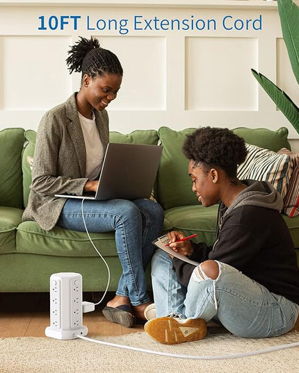 10 FT Extension Cord Power Strip Tower, 16 Widely Outlets 1875W 15A, Flat Plug Surge Protector with 4 USB Ports, Individual Switches, 1080 Joules, Overload Protection for Home Office Desktop, White