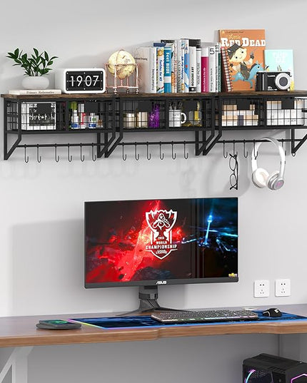 Helsin Industrial Wall Mounted Metal Wood Floating Shelves with Baskets Hooks Hanging Display Shelf Sundries Holder for Coffee Bar Kitchen Bathroom Organization and Home Decor, Black (16inch, 2 Sets)