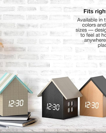 Driini Digital House-Shaped Alarm Clock with Temperature Display (Light Wood) – Modern Aesthetic - Cute Cube Frame and White LED Dimmer - Perfect Small Desk Clock for Bedside Table or Bedroom Mantle