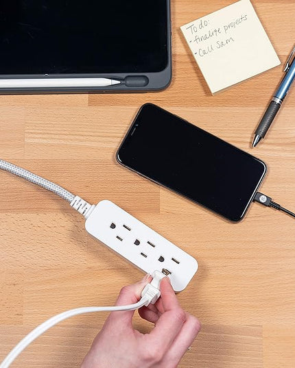 GE Designer 3-Outlet Power Strip, 1 Ft Braided Extension Cord, 3 Grounded Outlets, Flat Plug, Mini Cord, Premium, White, 45190 (Pack of 12)