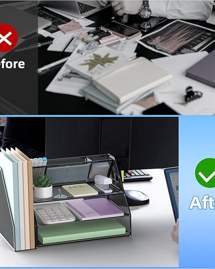Docnest 3 Tier Metal Mesh Desk Organizer - Letter Tray with Built-in Pen Holder & Handle, Black